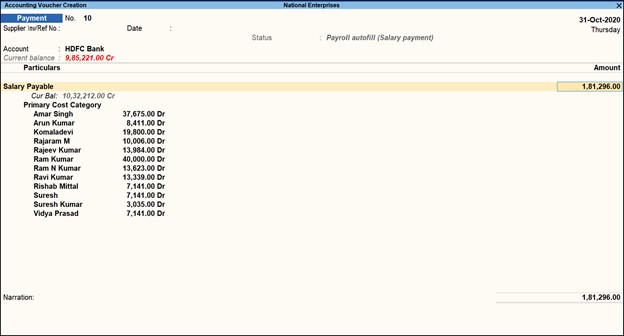Autogenerated Payroll Voucher in TallyPrime