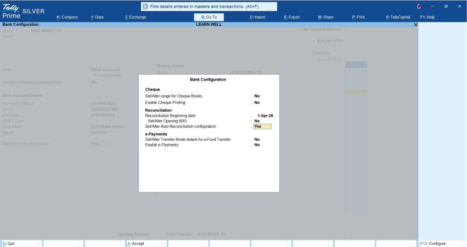 Bank Ledger Configuration